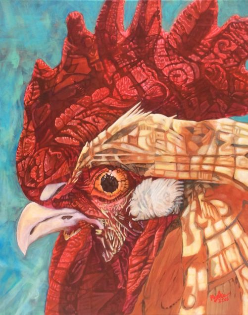 Painting yellow red chicken on blue 1st place contemporary art Denver County Fair 2016
